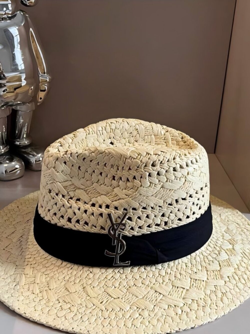 Saint Laurent Straw Hat Natural Beige Black Band YSL Logo